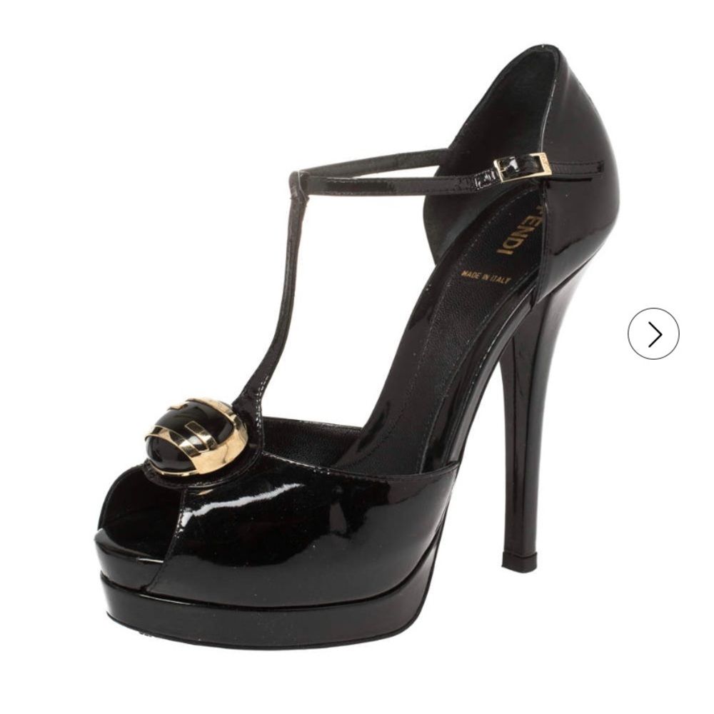 FENDI Black Patent Leather T Strap Peep Toe Platform Sandals - Picture 1 of 13